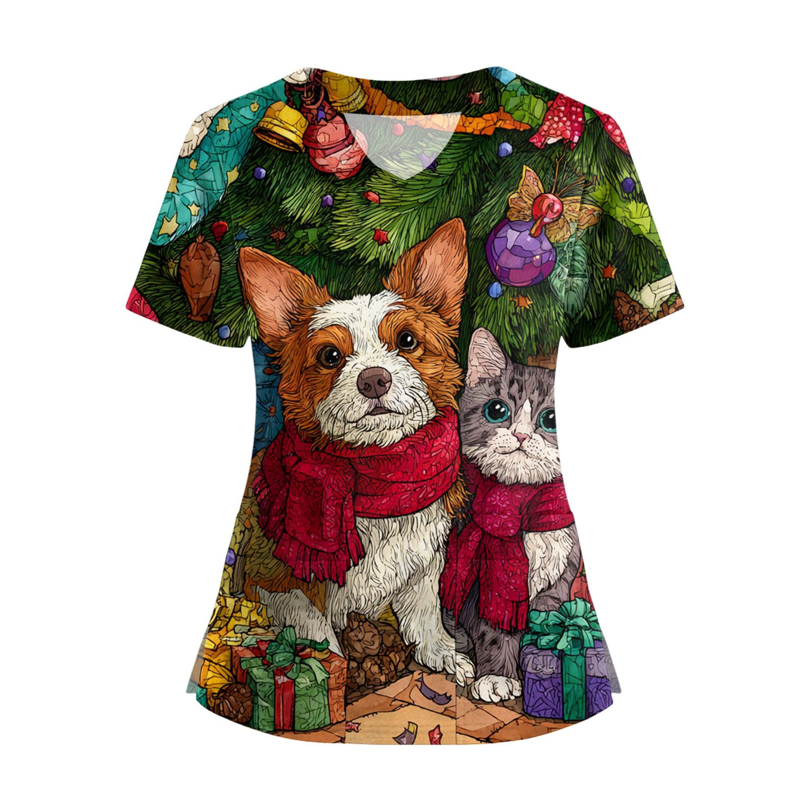 

Женская футболка с коротким рукавом, рождественским принтом, V-образным вырезом, на пуговицах сбоку и разрезом L