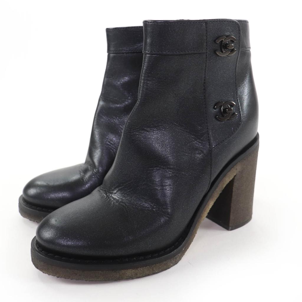 Great CHANEL short boots Double COCO Mark turn lock lamé leather black 36 G31285 Used