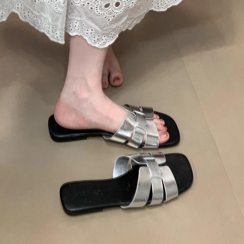 Sheepskin Version! Retro Brown Sandals Women's Summer Square Head One-word Open-toe Rear Strap Thick Heel Casual Roman Shoes