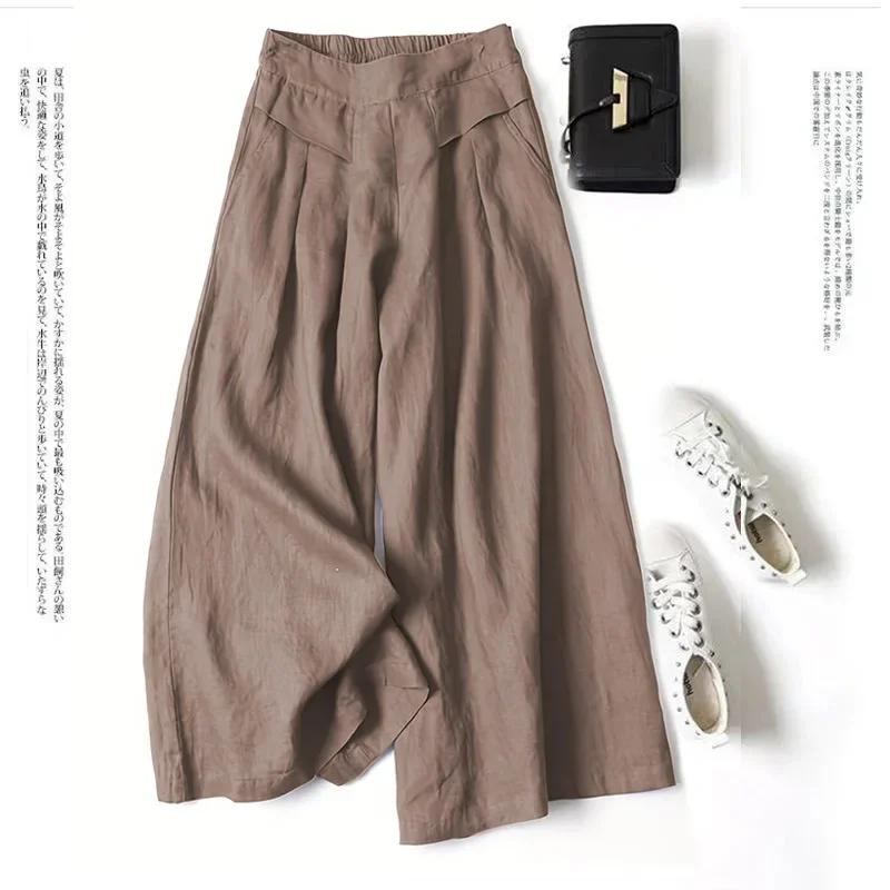 

Women s Casual Cotton Linen Wide-leg Pants Skirt Pants Loose Half Elastic Waist Slim Pants Women Streetwear Women Trousers 3XL кавовий