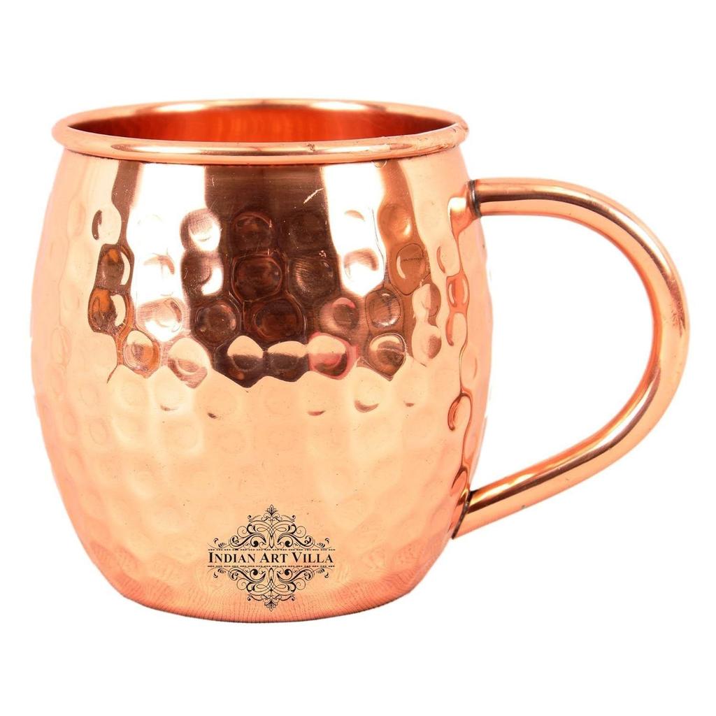 Pure Copper Hammered Design Shine Finish Round Moscow Mule Beer Mug Cup, Volume-530ML, Set of 4
