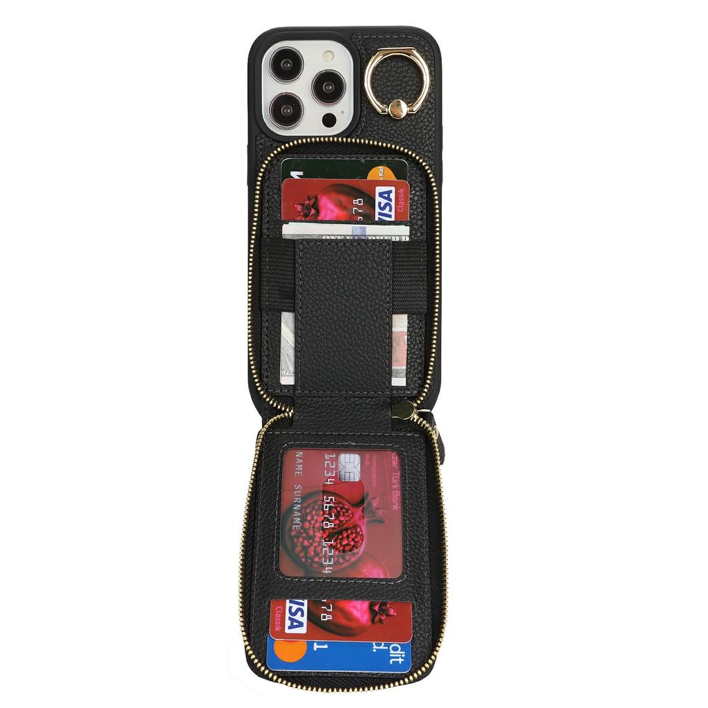 For iPhone 14 Pro Max Case with Zipper Pouch/Ring Kickstand/Strap Litchi Texture PU + TPU Phone Cover