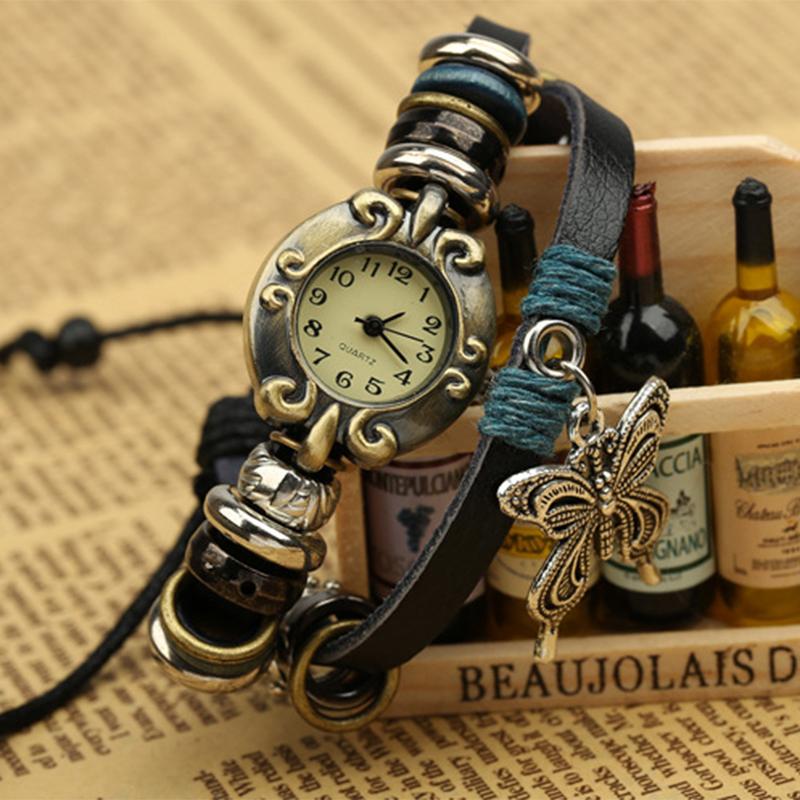 Handmade Butterfly Beads Bracelet Quartz Watch Clock Women Man Lovers Vintage Retro Bracelet Leather Strap Bracelets Dress Watch
