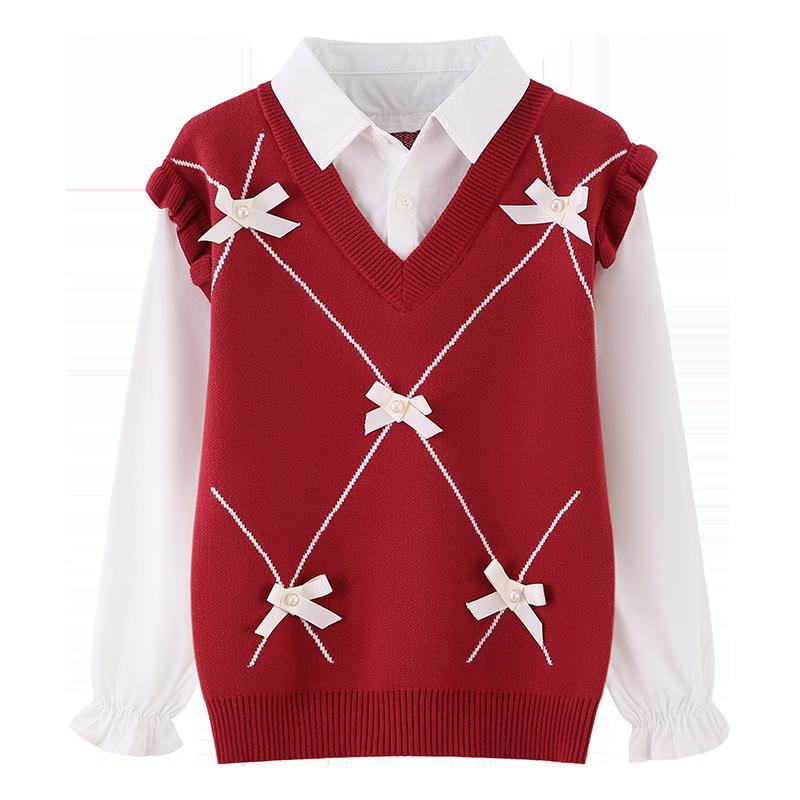 Mädchen Zweiteiliger Baumwollstrickpullover mit Hemdkragen für Frühling & Herbst