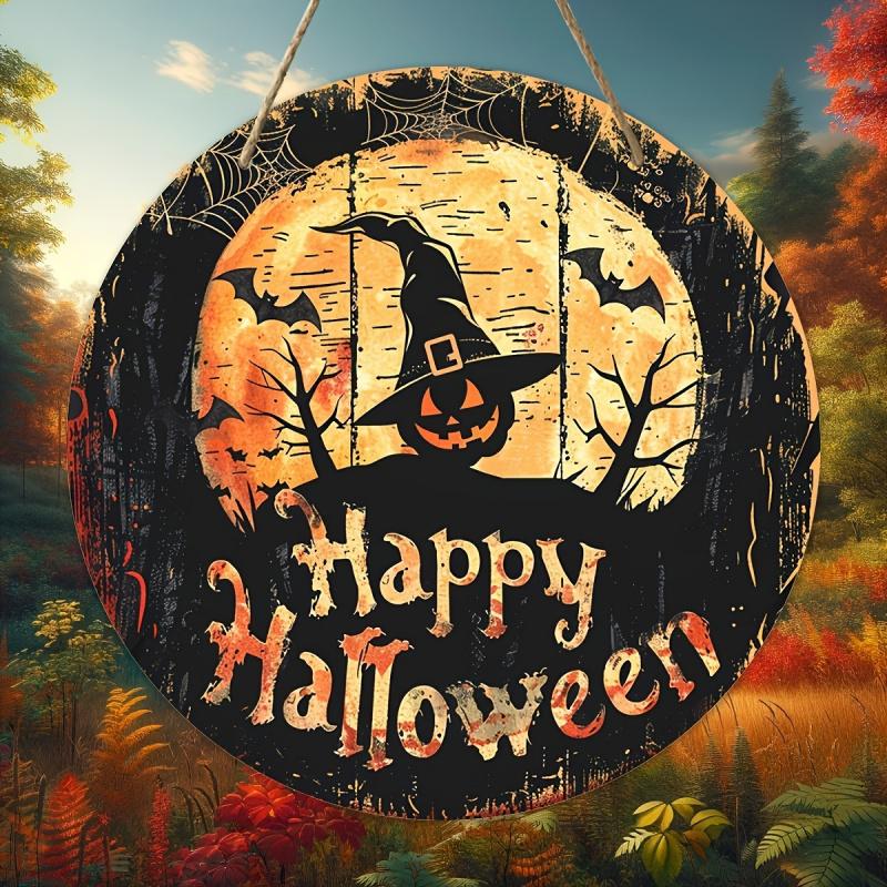 1Halloween Pumpkin Witch Round Plate Hanging Sign Restaurant Hanging Sign Wooden Party Home Window Wall Door Hanging Ghost House