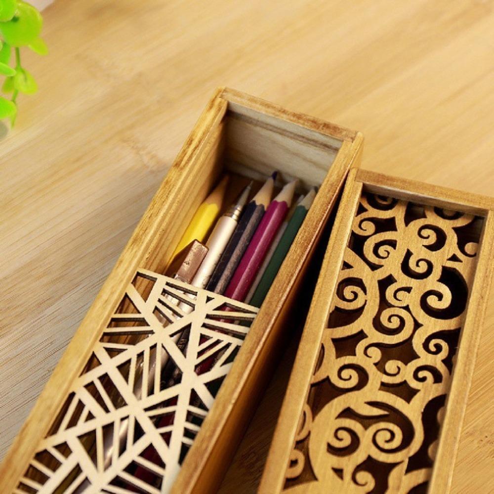 Retro Wooden Pencil Box Hollow Pencil Case Unique Stationery Box  Desk Storage Accessories