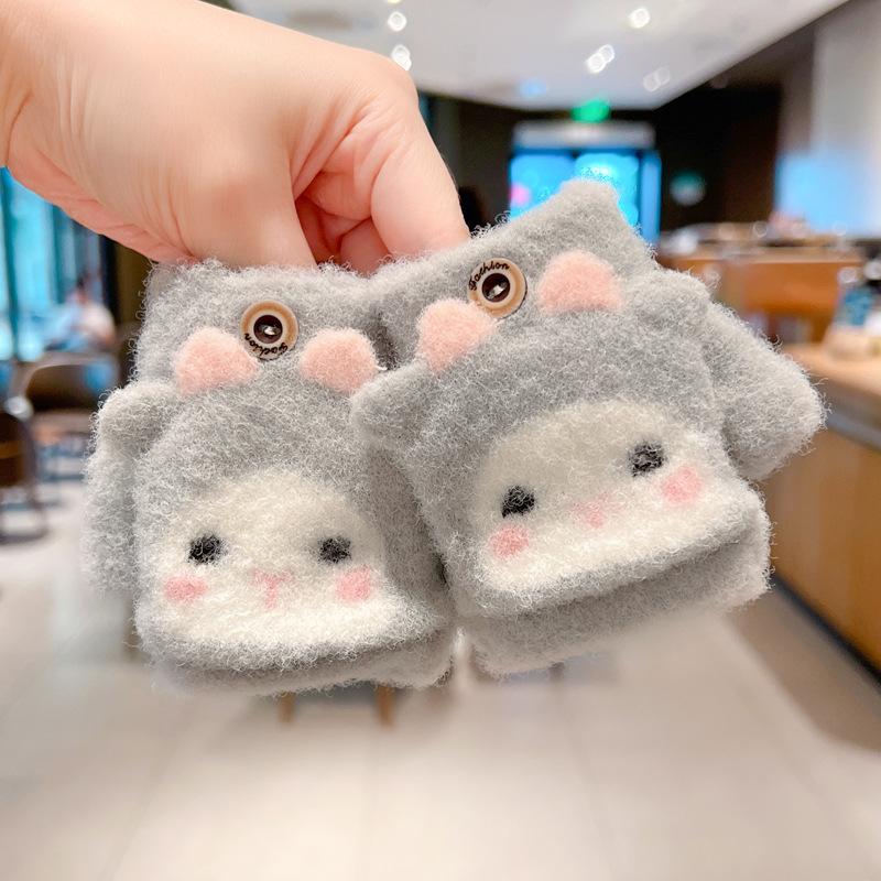 Autumn and winter cartoon fruit children's flip gloves open fingers outdoor cold-proof boys and girls baby children half-finger warm gloves