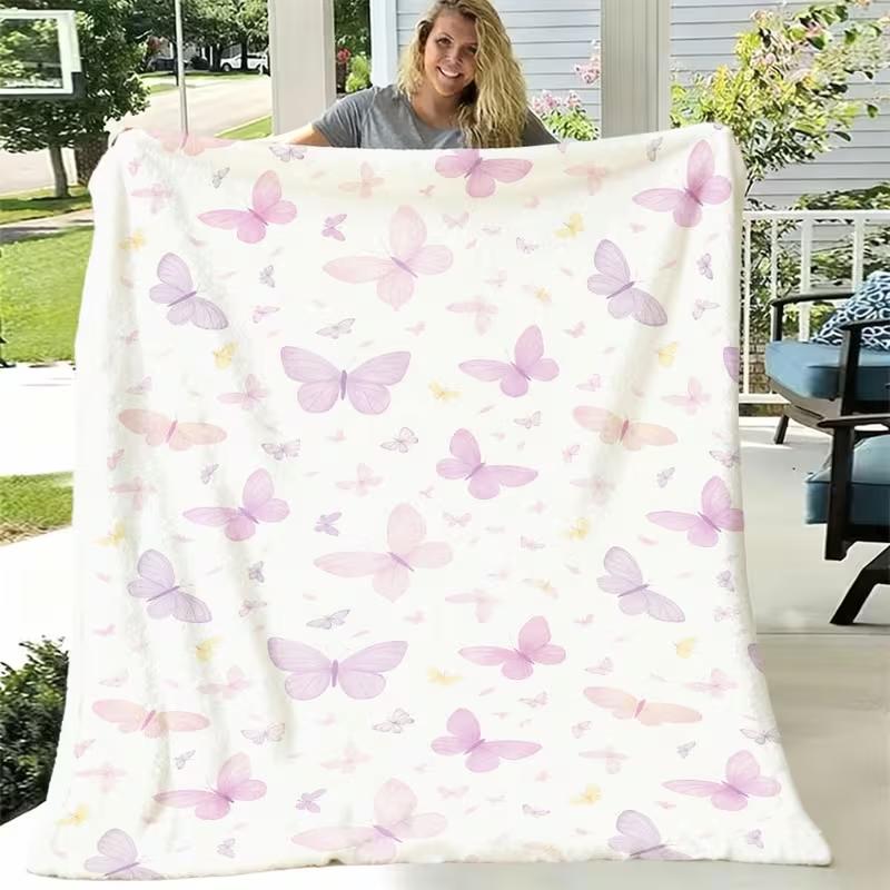 Sweet Pastel Purple Pink Watercolor Butterfly Blanket Soft Gentle Insect Print Fleece Blanket Bedroom Sofa Decor Blanket