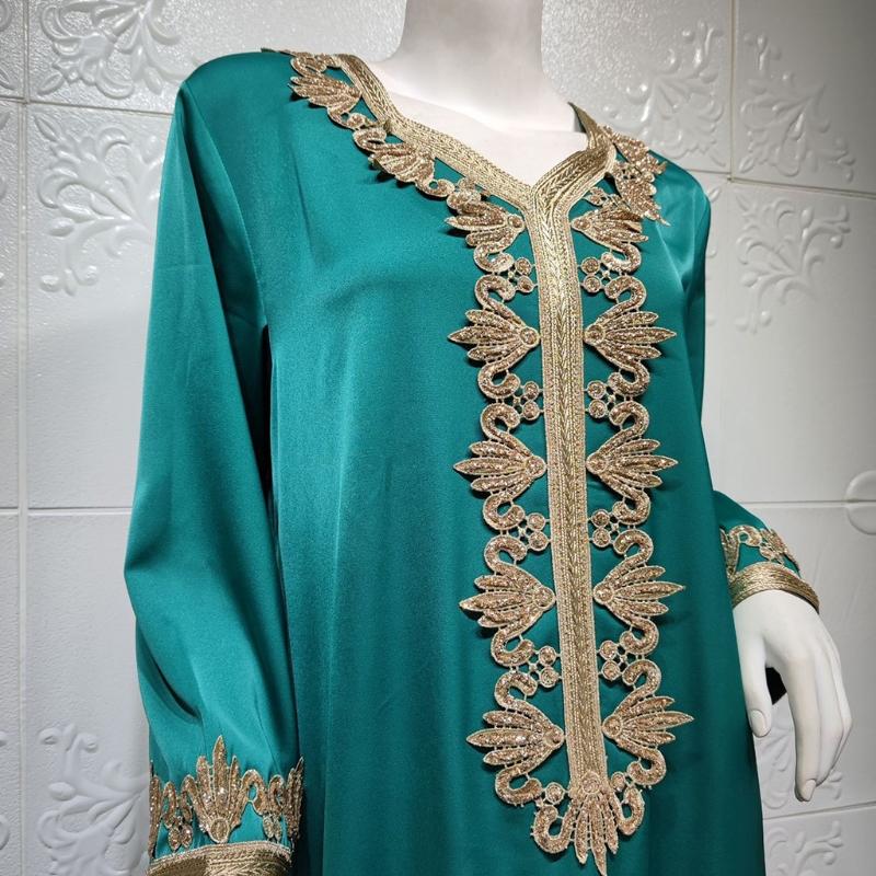 Ramadan Muslim Gold Embroidery Dresses Abayas Dubai Casual Kaftan Robe Ethnic Costumes with Long Sleeve for Womens