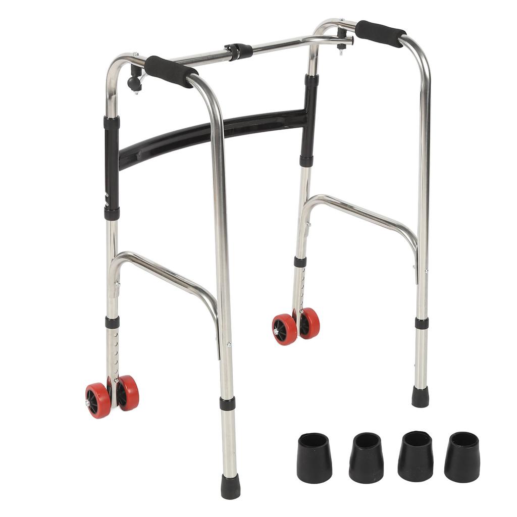 Elderly Folding Walker 6 Height Adjust 4 Legs Stainless Steel Walking Aid with Red Wheels Single