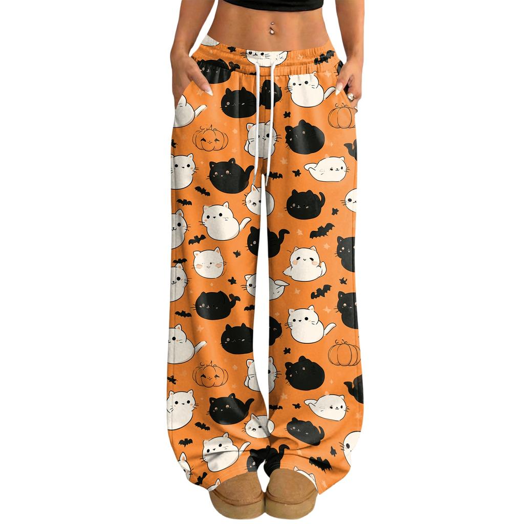 Women's Casual Halloween Print Loose Wide Leg Pants with Elastic Waist and Drawstring