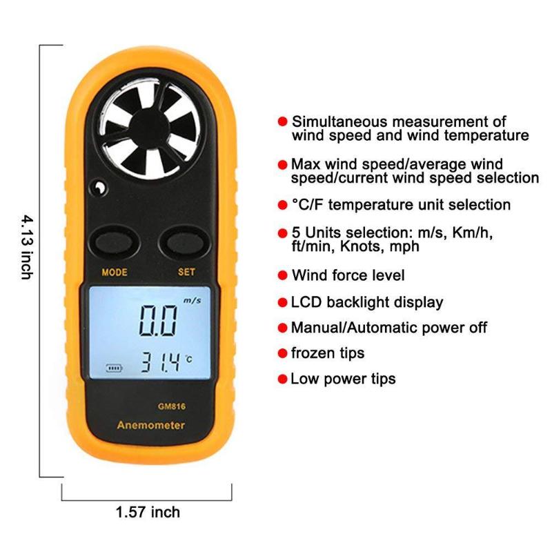 Anemometer Hand-held Digital Display Wind Speed Gauge Meter 0-30m/s Wind Thermometer Pocket Smart Anti-wrestling Measure