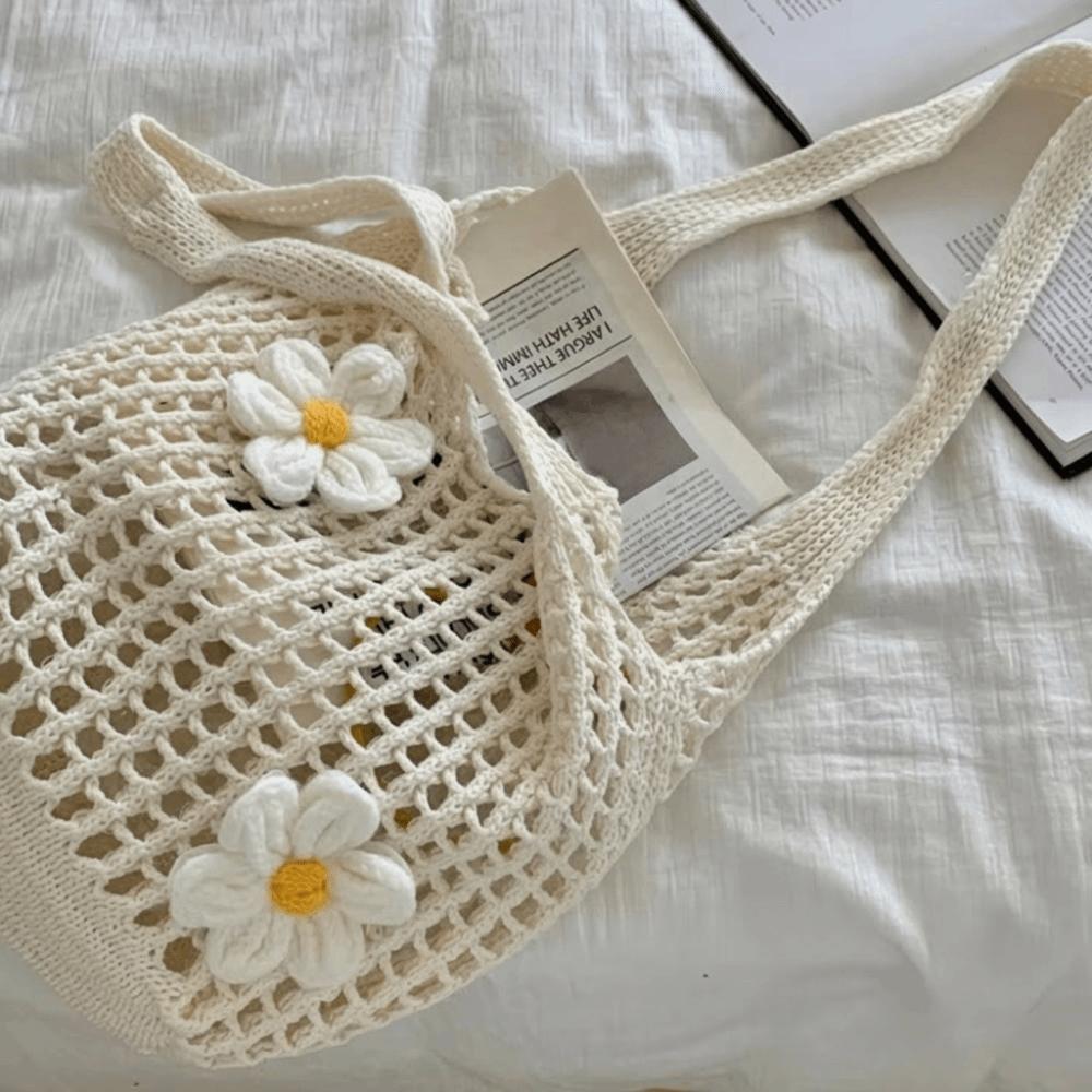 Retro Flower Knitted Tote Bag Large Capacity Woolen Crochet Handbag Eco-Friendly Lightweight Hollow Shoulder Bag Summer