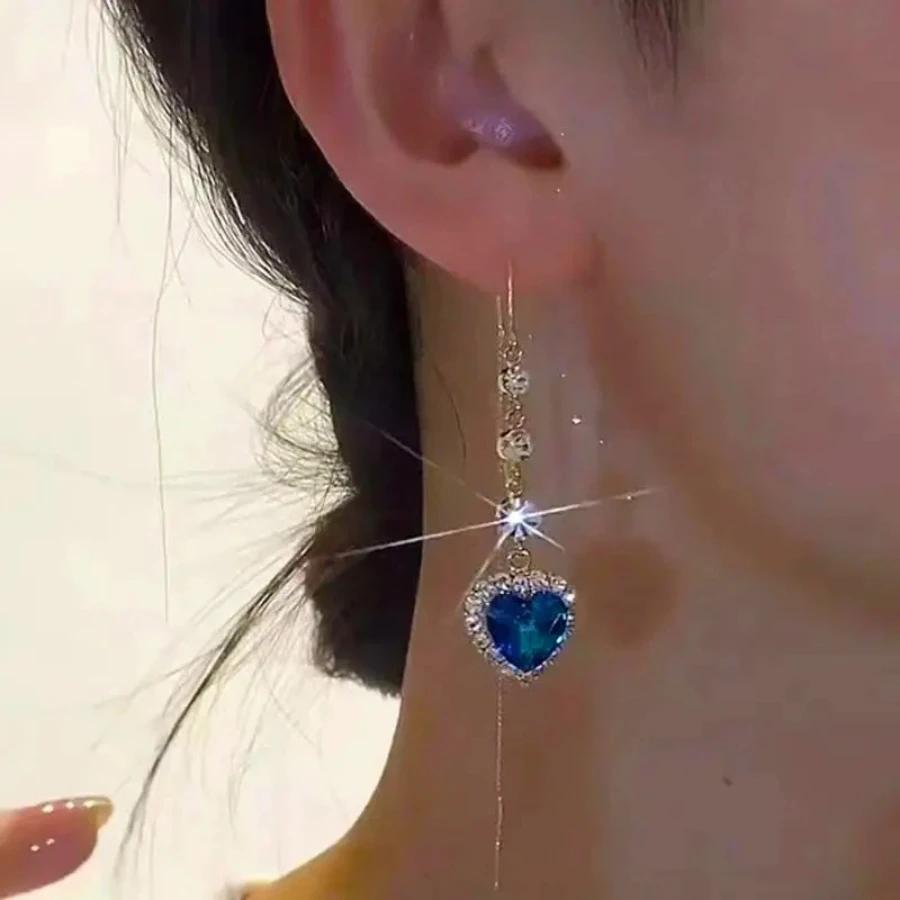 Blue crystal love earrings women's light luxury high-end long face thin earrings temperament versatile earrings