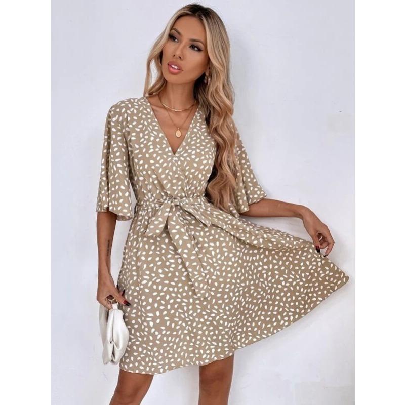 Fashion Polka Dot Printed Summer Dress Short Sleeved V-neck Lace-up Slim Waist Versatile Casual Loose Simple A-line Party Short Dress Elegant Female