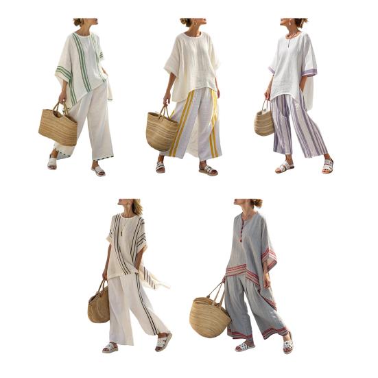 Women's Stripe 2 Piece Outfit Crew Neck Half Sleeve Top And Wide Leg Pants Set Casual Loose Beach Set