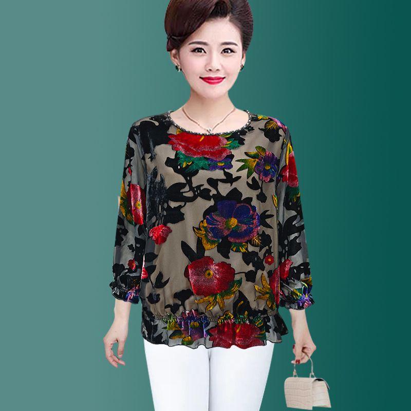 Women's Silk Blouse Spring Autumn Three-quarter Sleeve Loose Fit Rhinestone Plus-size Blouse Mesh Floral Velvet Pullover