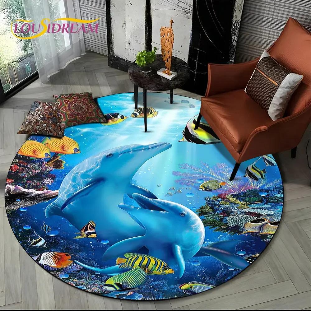 Unterwasserwelt Runder Bereichsteppich–Delfin & Schildkröte Ozean Teppich für Wohnzimmer oder Schlafzimmer–Rutschfeste Bodenmatte, Kinder Spielzimmer Deko