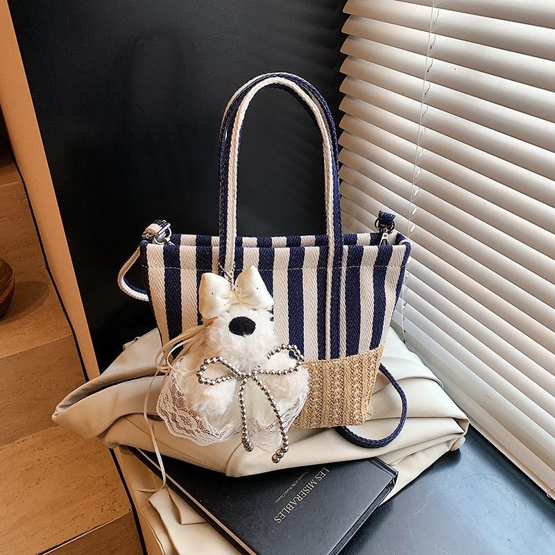 Summer trend canvas bag striped vegetable basket women's bag new high-end retro splicing fashion messenger bag