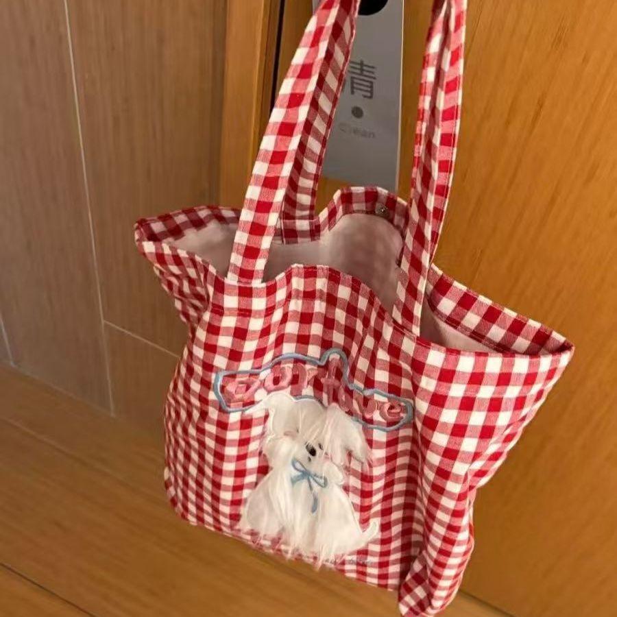 

Large capacity cute embroidered dog canvas bag 2025 new plaid college style student class shoulder tote bag