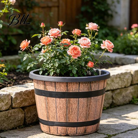 Brown Rustic Plant Pot Flowerpot Barrel Style Pots with Built-In Drainage Holes 8" Plastic-Inspired Finish Extra-Large, Thick Planter for Patio Garden