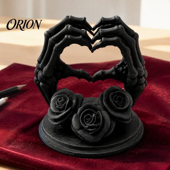 Hand Heart Gesture Sculpture 3D Printed Shape Skeleton Ornament, Gothic Rose Skull Statue Niche Style Art Gifts for Home Decor, Unique Dark