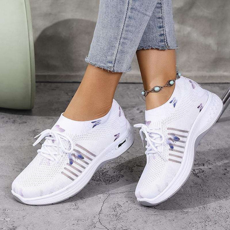 Fashion Fashion White Butterfly Print Platform Sneakers Women Breathable Knit Mesh Running Shoes Woman Non Slip Comfort Walking Shoes
