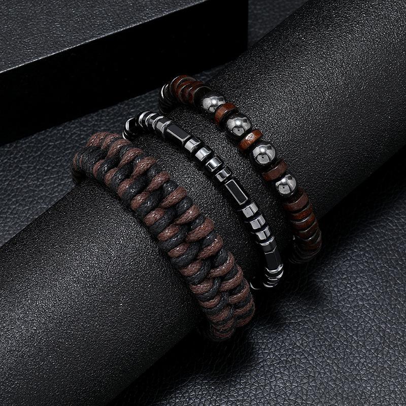 

Trendy 3pcs Men Bracelet Set Natural Wooden Braclet Beaded Boyfriend Gift Grade A Hematite Stone Braslet Handmade Braided Joias