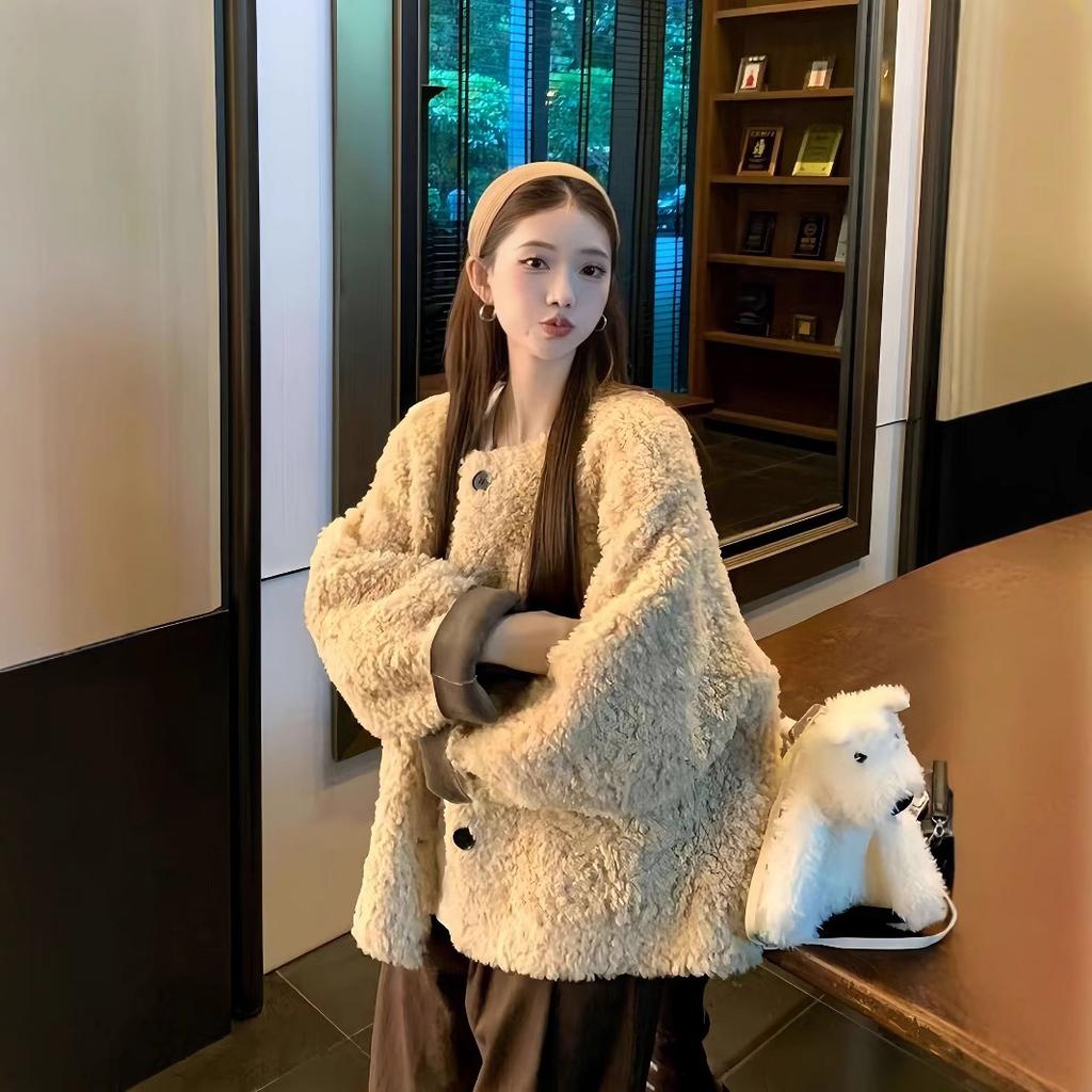 Soft Style Warm Lamb Wool Coat Women Winter Korean Casual Loose Black Plush Top