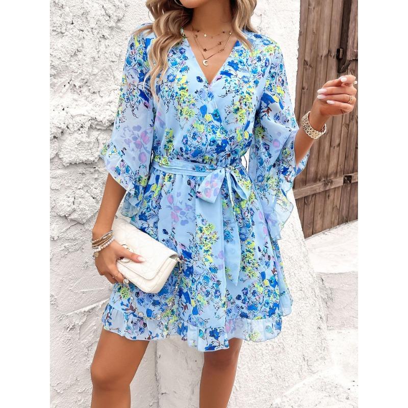 Vacation Casual Printed Lace Up Chiffon Dress