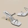 Fashion Stiletto Flip-Flops Summer New Square Toe Open Toe Crystal Metal Buckle Anti-Slip Wear-Resistant High Heels