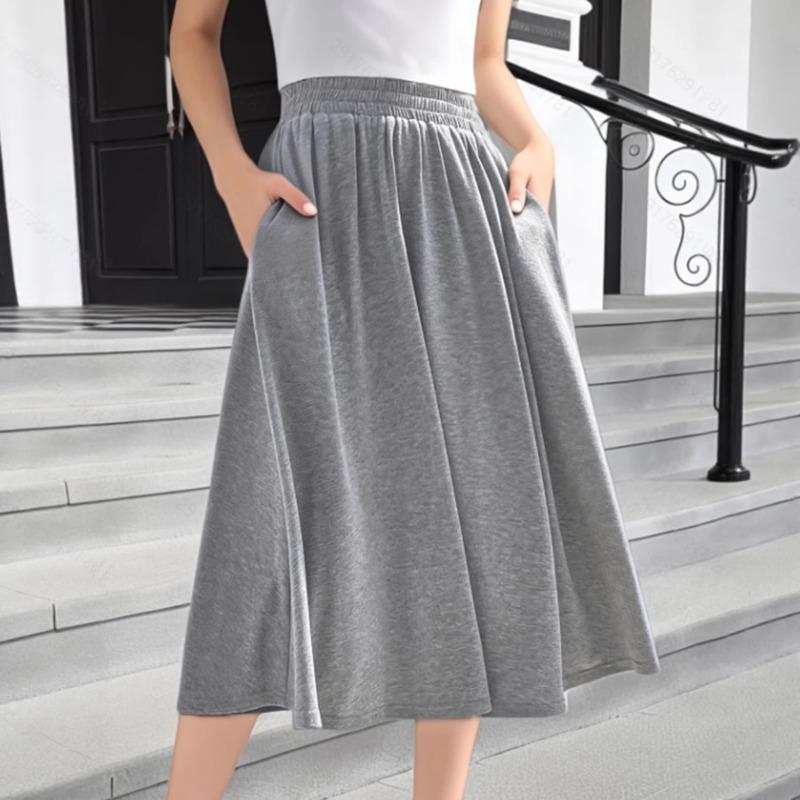 Spring Summer Women s Grey Elastic Waist A Line Flowy Midi Skirt S серый