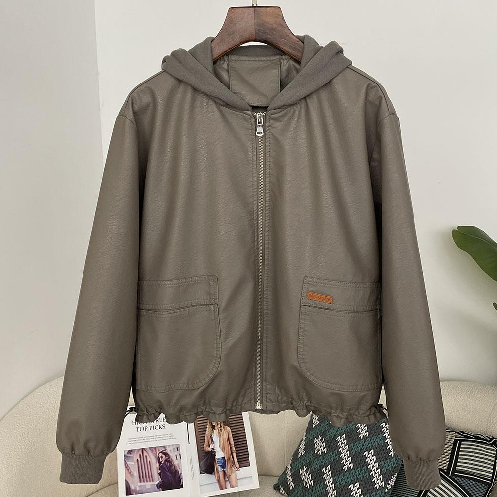 OFTBUY Damen Kapuzenjacke Vintage Locker Pu Kunstleder Hut Kurze Jacke Lässig Motorradjacke Damen Reißverschluss Retro Moto Biker Mantel Oberbekleidung Tops