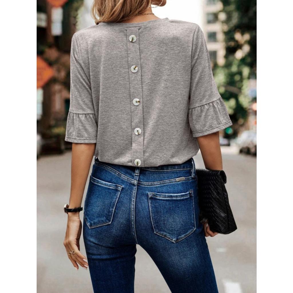 Summer Women's Solid Color Ruffled Short Sleeve Button T-Shirt, European American Style Casual Top for Crossborder