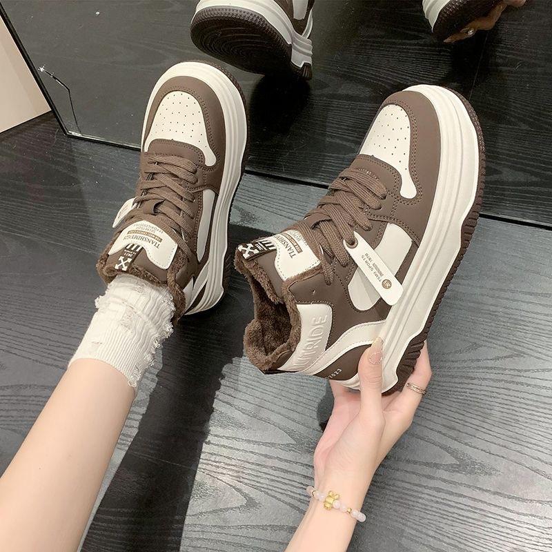 High Top Warm Thick Soled Board Shoes 2024 Winter Casual Color Blocked Velvet Sports Vulcanized Women's Shoes Platform Sneakers