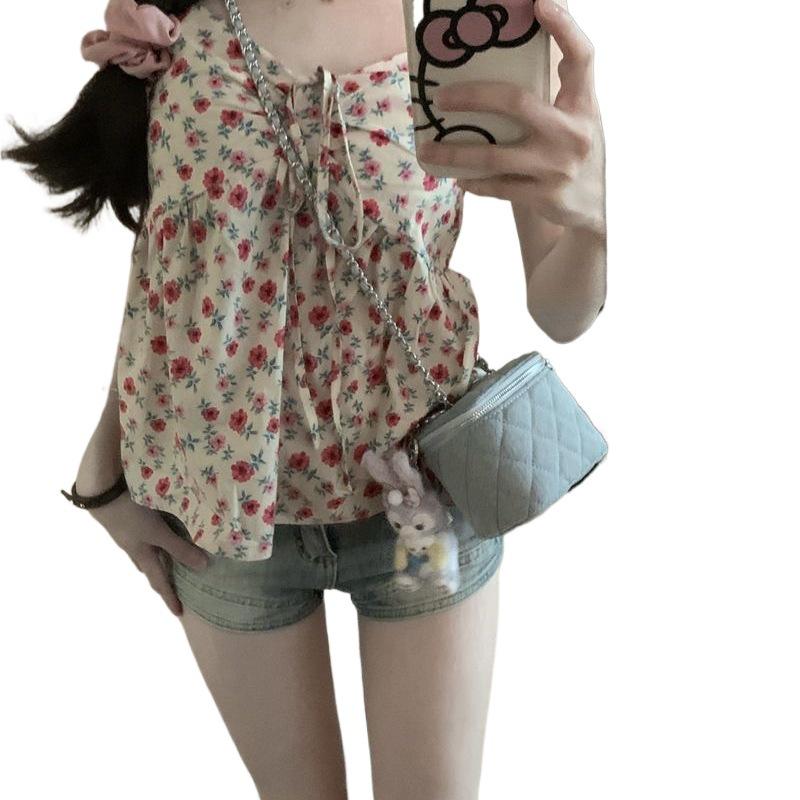 Women's Floral Strappy Cami Top, Summer Short & Loose Sweet Style, French-Inspired Spicy Fashion