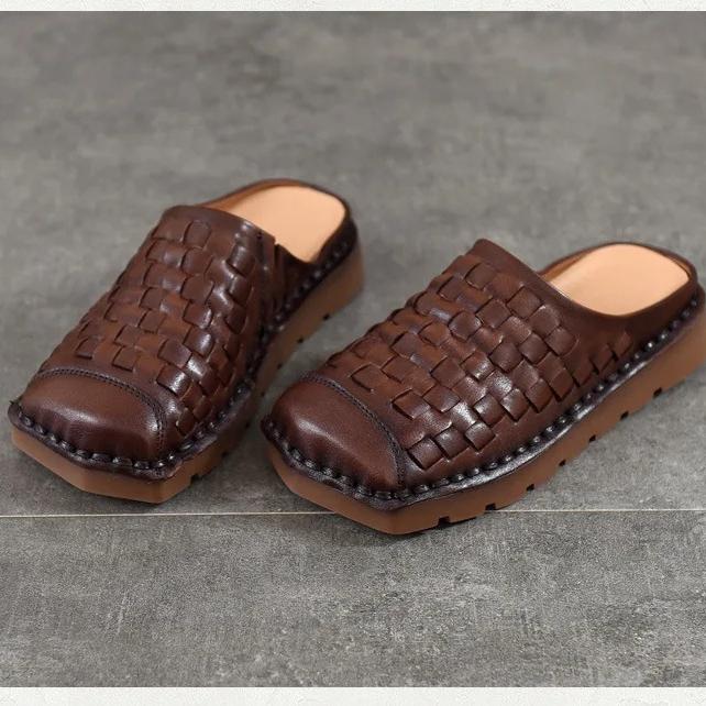 Johnature Genuine Leather Retro Weaving Square Toe Women's Slippers Versatile Outerdoor Flat Slip-on Shoes
