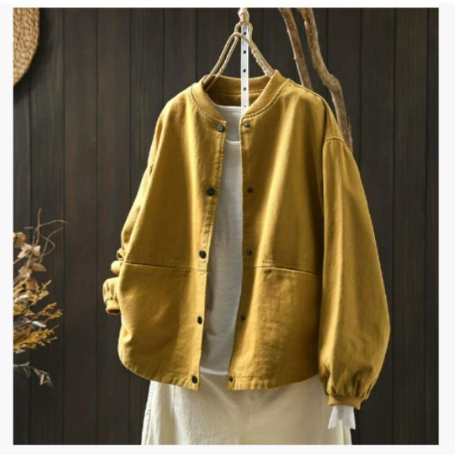 

Осенняя хлопковая куртка-бомбер с коротким воротником-стойкой, женская свободная и тонкая повседневная куртка-кардиган с двумя карманами S жёлтый