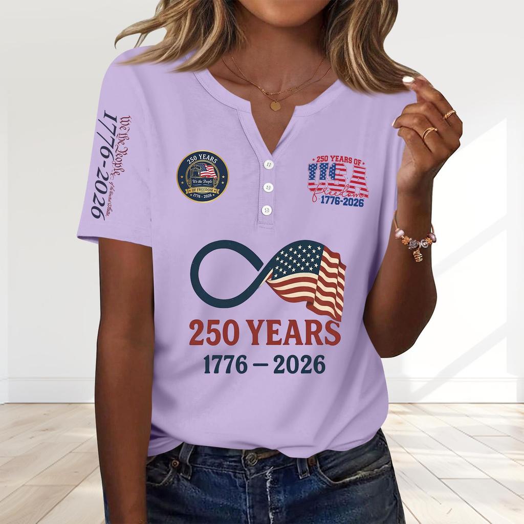Women's Fashion Casual 250th Anniversary Independence Day Print V-Neck Short Sleeve Decorated Button-Up T-Shirt