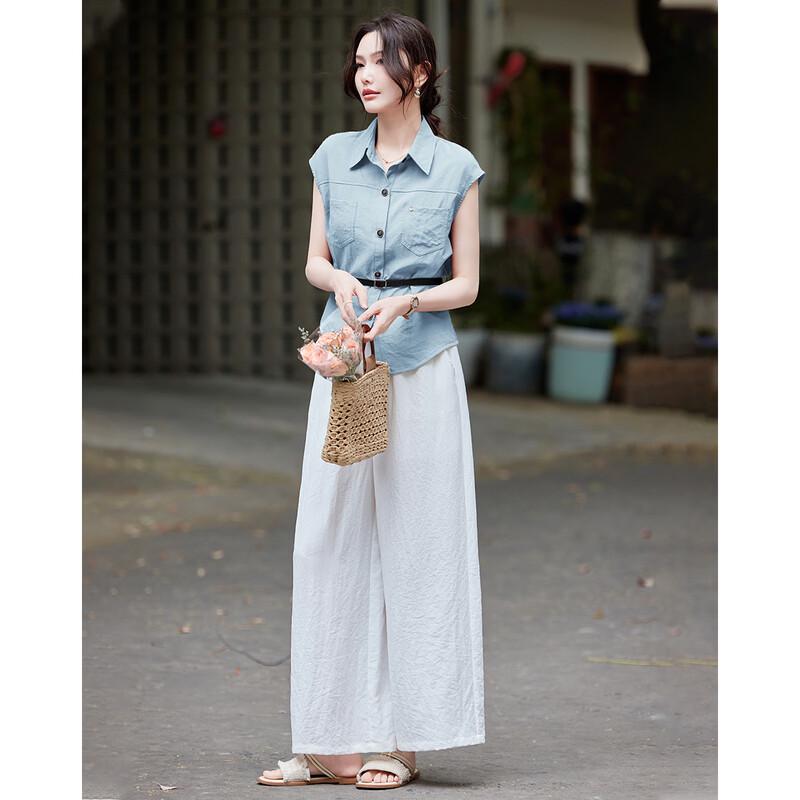 TERRE BLEUE Women's Summer Short Sleeve Shirt & Casual Pants Set