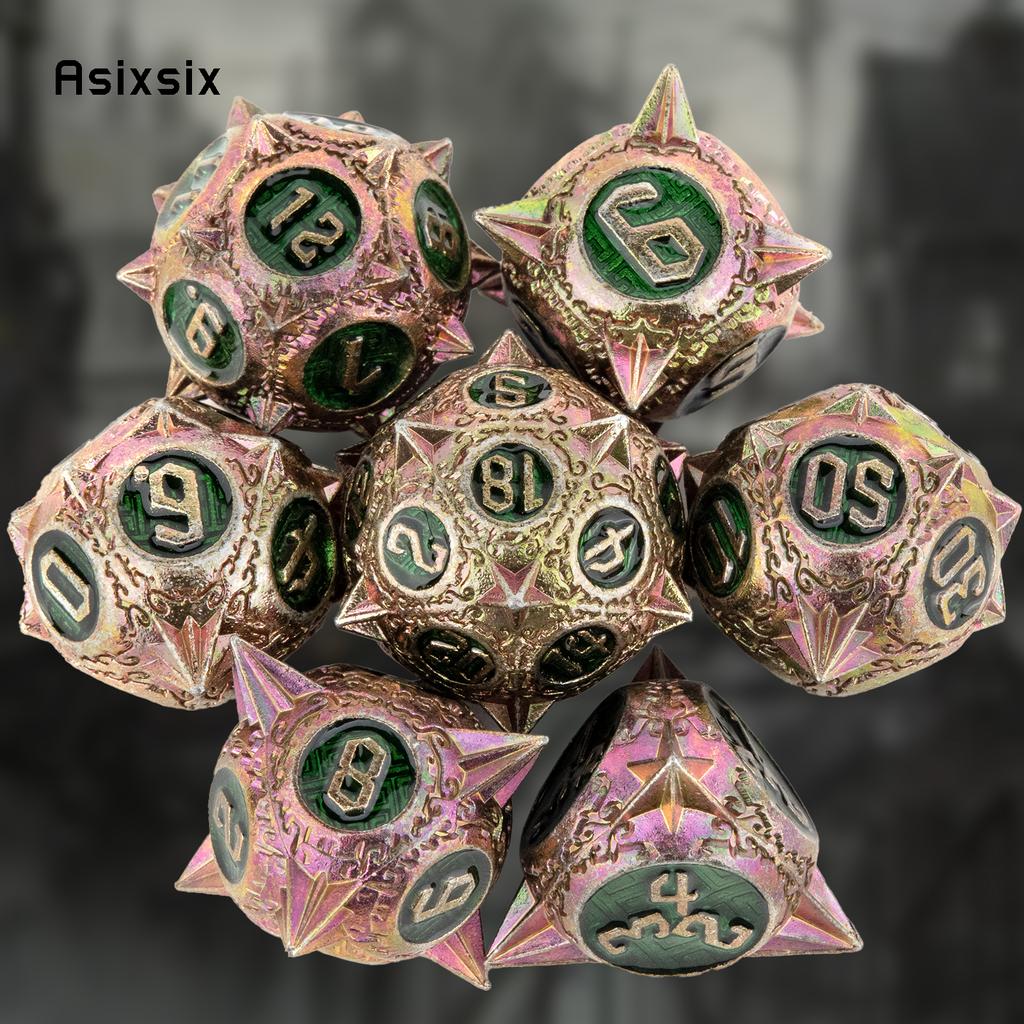 7 Pcs Red Green Meteor Hammer Metal Dice Solid Metal Polyhedral Dice Set Suitable For Role-Playing Dice PropBoard Game Gift