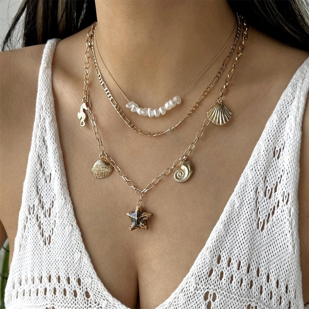 Mehrschichtige Keramik Seestern Muschel Schnecke Seepferdchen Quaste Halskette Für Frauen Männer Imitation Perlen Choker Sommer Ozean Strand Schmuck