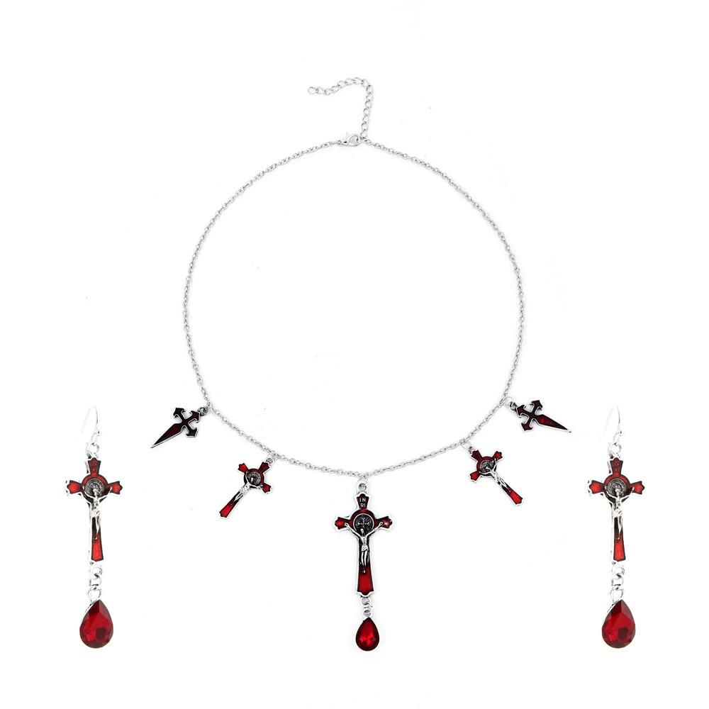 New Dark Gothic Bat Cross Pendant Earrings Necklace Sets For Women Vintage Copper Color Punk Goth Wizard Zircon Accessories