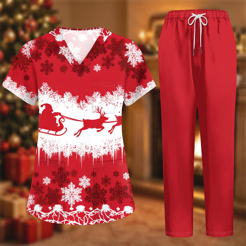 Women's Christmas Print Short Sleeve Scrub Two-Piece Set with Pocketed Top and Pants