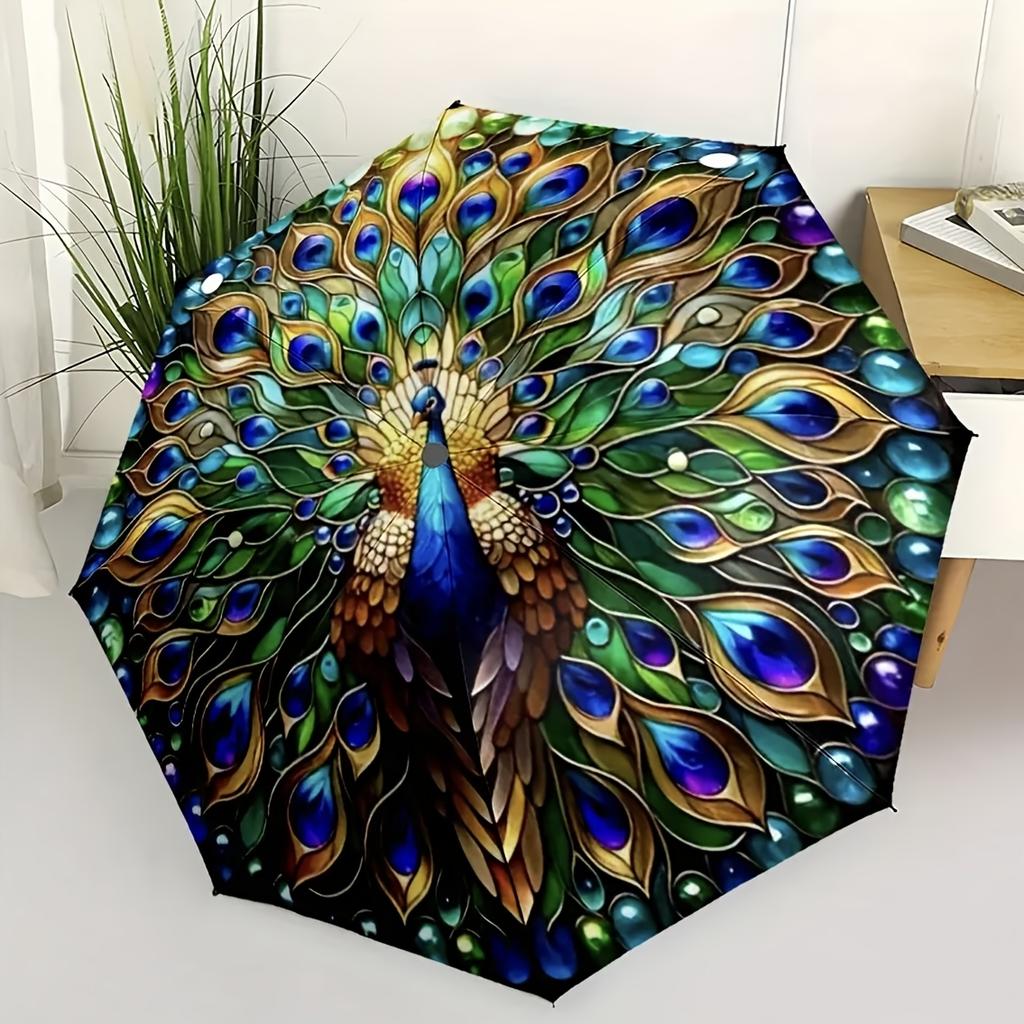New Peacock Feather Design Pea Rooster Pattern Folding Umbrella, Outdoor Leisure Travel Umbrella, Birthday Gift Holiday Gift