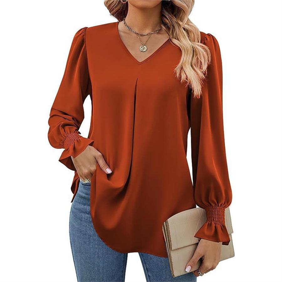Women's Fall New Arrivals Solid Sheer Chiffon Shirt V-Neck Sleeveless Bell Sleeve Long Sleeve Top Blouse