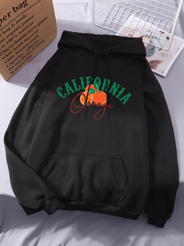 California Orange Printing Hoodies Women Winter Fleece Warm Sweatshirts Casual Pocket Pullovers Street Loose Womans Streetwears