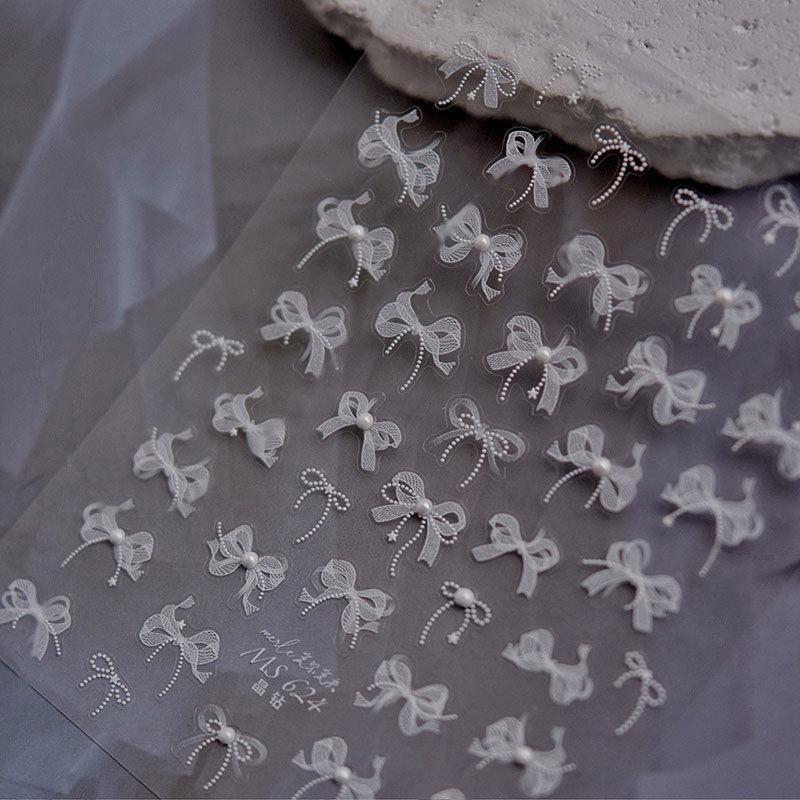 White 5D Pearl Lace Bowknot Wave Lines Nail Stickers Elegant Exquisite Nail Decoration Decals DIY Self Adhesive Transfer Slider
