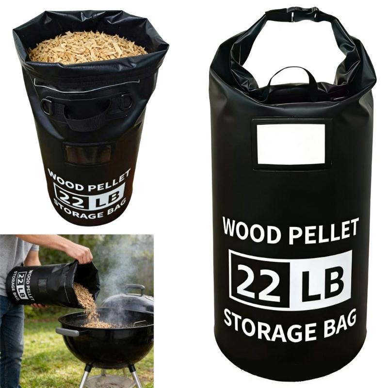 Smoker Pellet Storage Bag, 22-Pound Capacity with Front and Lower Handholds, Rolled Opening, and Label Window for Controlled Pouring into Barbecue