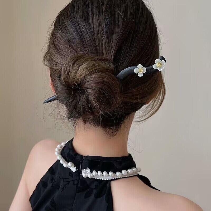 Antique Wood Hairpins Female New Chinese Simple Geometric Black Hair Sticks Hair Clips For Women Hair Accessories Pearl Headwear
